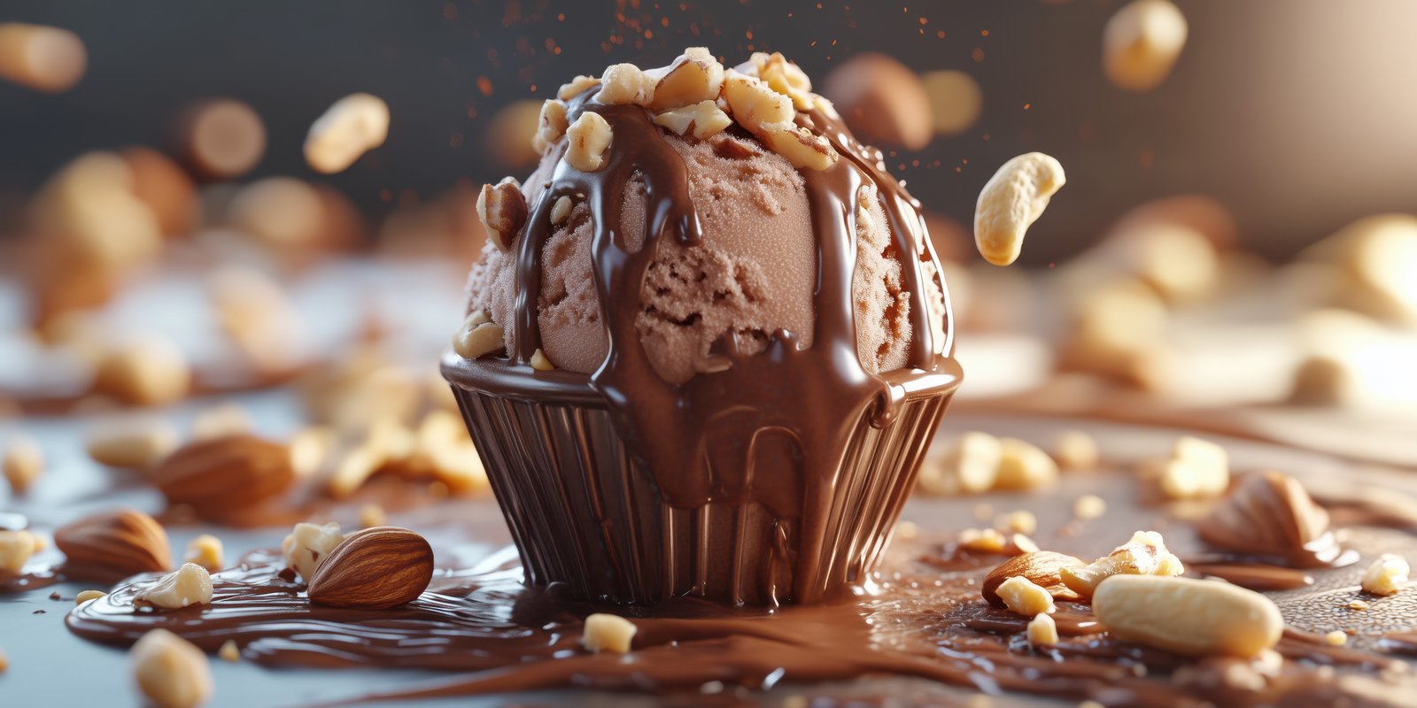 Delicious chocolate ice cream topped with nuts placed on a dark surface with chocolate drizzle and scattered almonds
